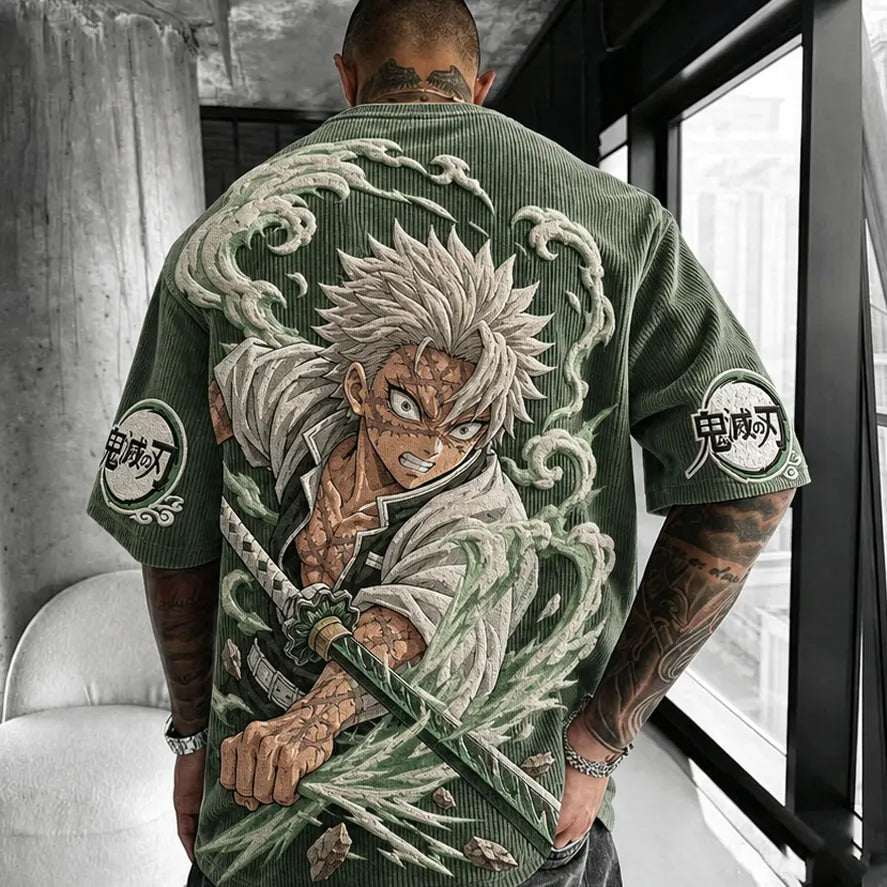 Demon Slayer Unisex Oversized Anime-Print Vertical-Stripe Short-Sleeve T-Shirt