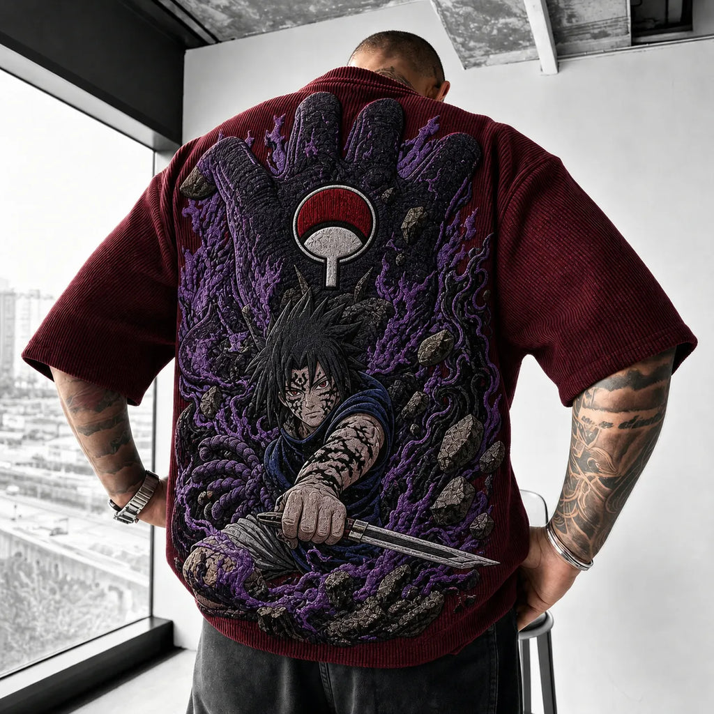 Naruto Unisex Oversized Anime-Print Vertical-Stripe Short-Sleeve T-Shirt