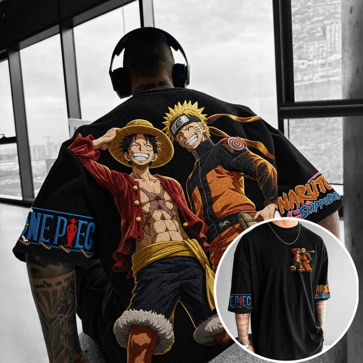 Naruto Unisex Oversized Anime-Print Vertical-Stripe Short-Sleeve T-Shirt