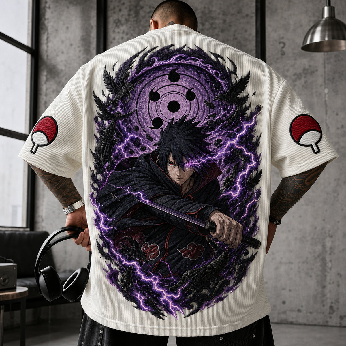 Naruto Unisex Oversized Anime-Print Vertical-Stripe Short-Sleeve T-Shirt