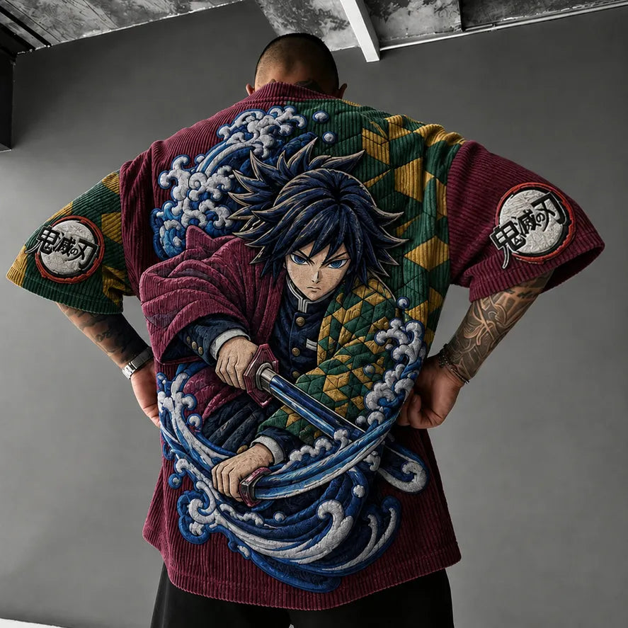 Demon Slayer Unisex Oversized Anime-Print Vertical-Stripe Short-Sleeve T-Shirt