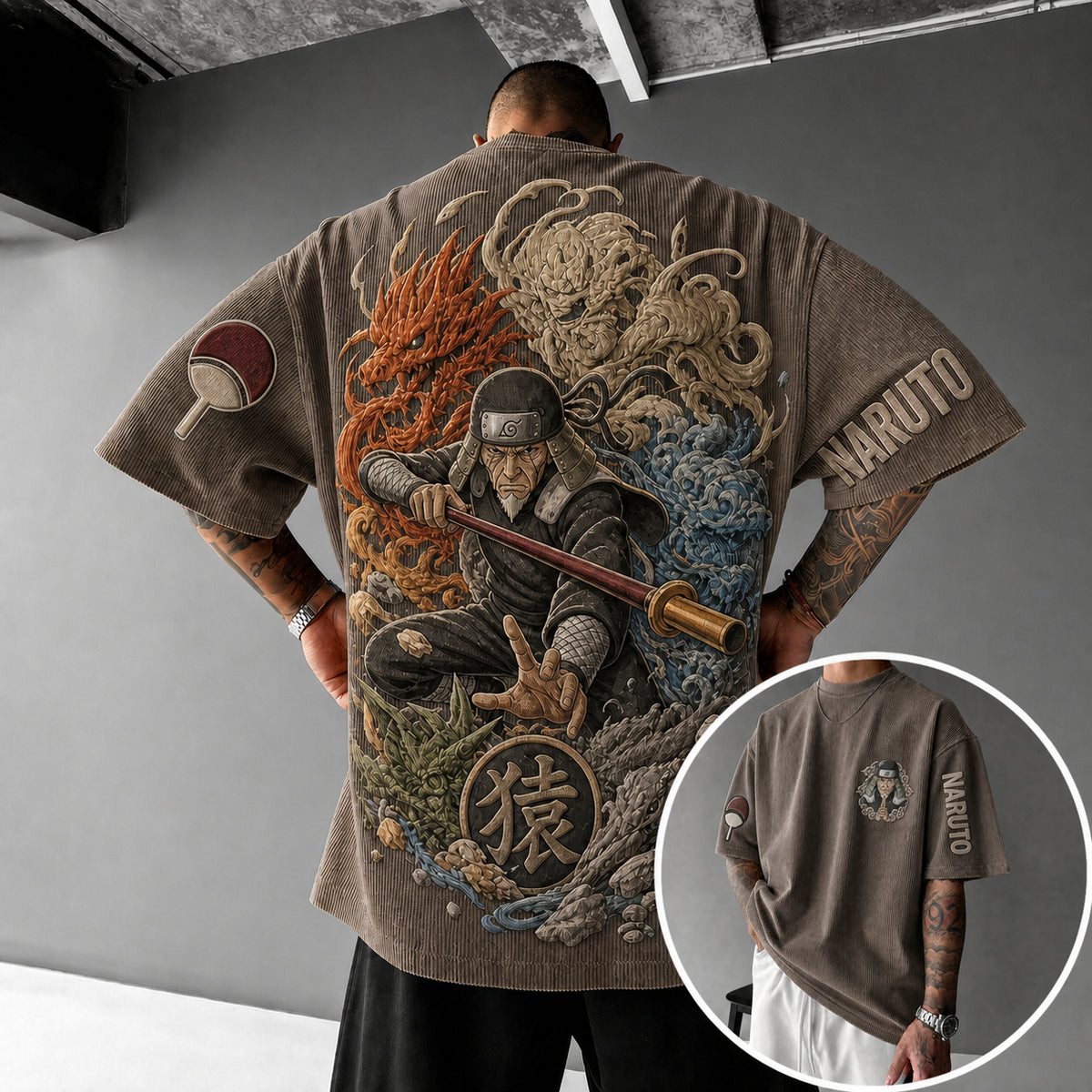 Naruto Unisex Anime-Style Retro Corduroy Oversized T-Shirt