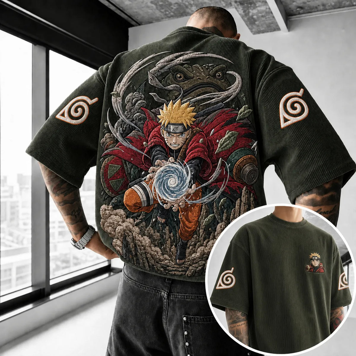 Naruto Unisex Oversized Anime-Print Vertical-Stripe Short-Sleeve T-Shirt