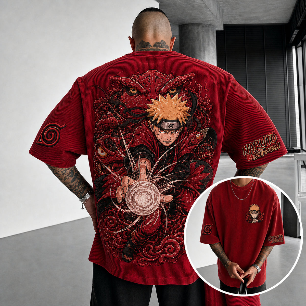 Naruto Unisex Anime-Style Retro Corduroy Oversized T-Shirt