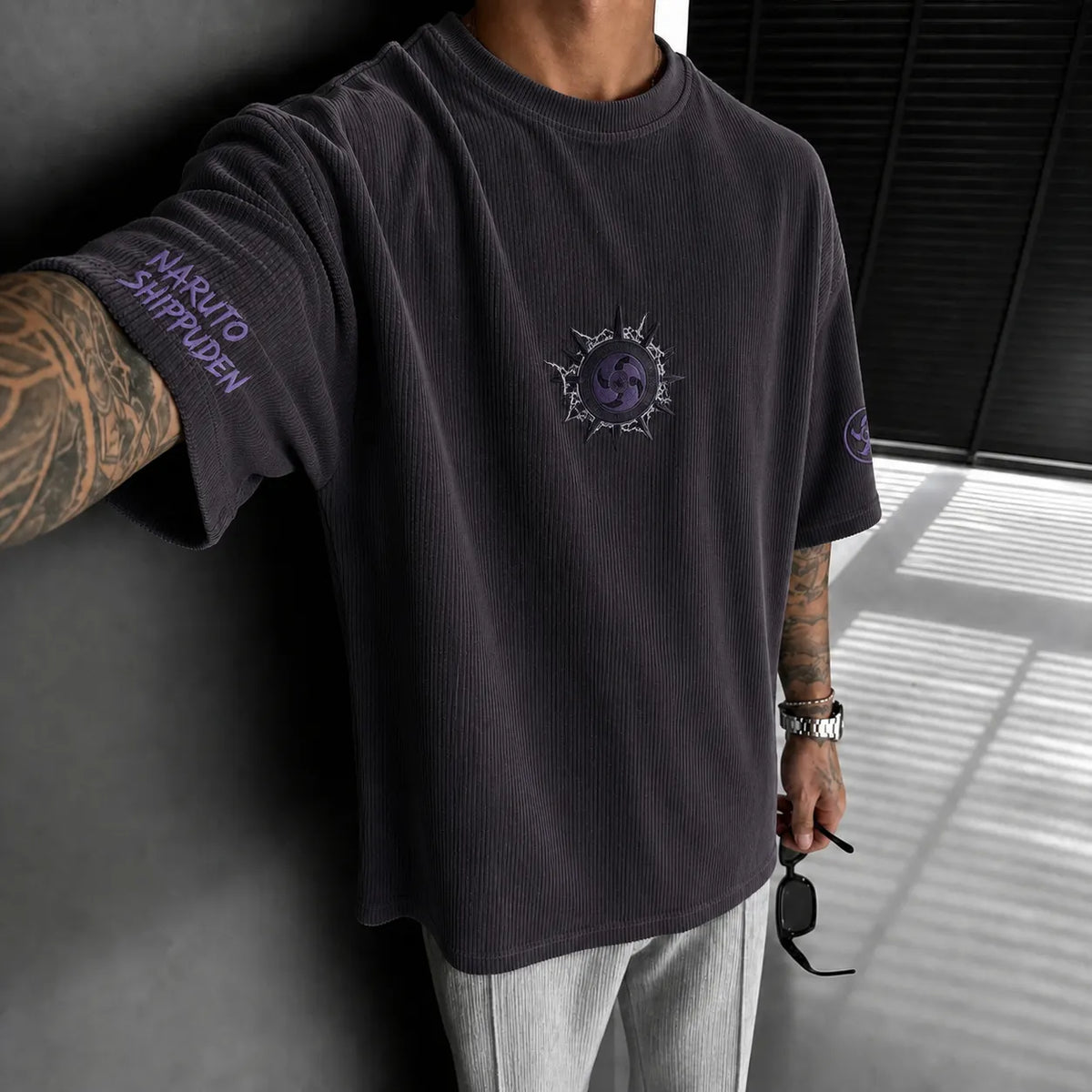 Naruto Unisex Anime-Style Retro Corduroy Oversized T-Shirt