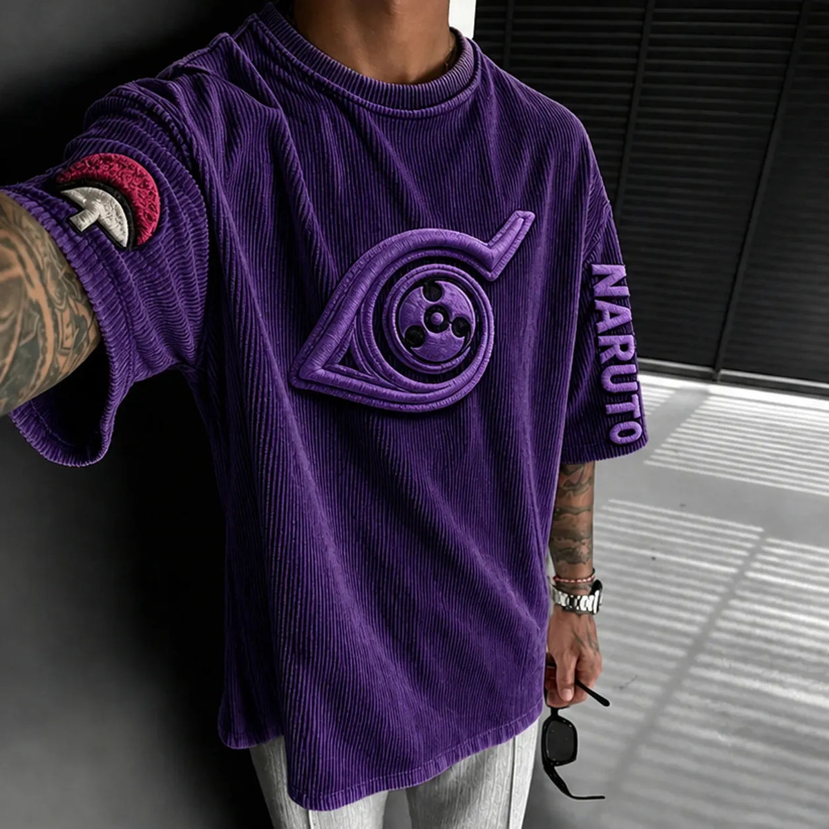 Naruto Unisex Anime-Style Retro Corduroy Oversized T-Shirt