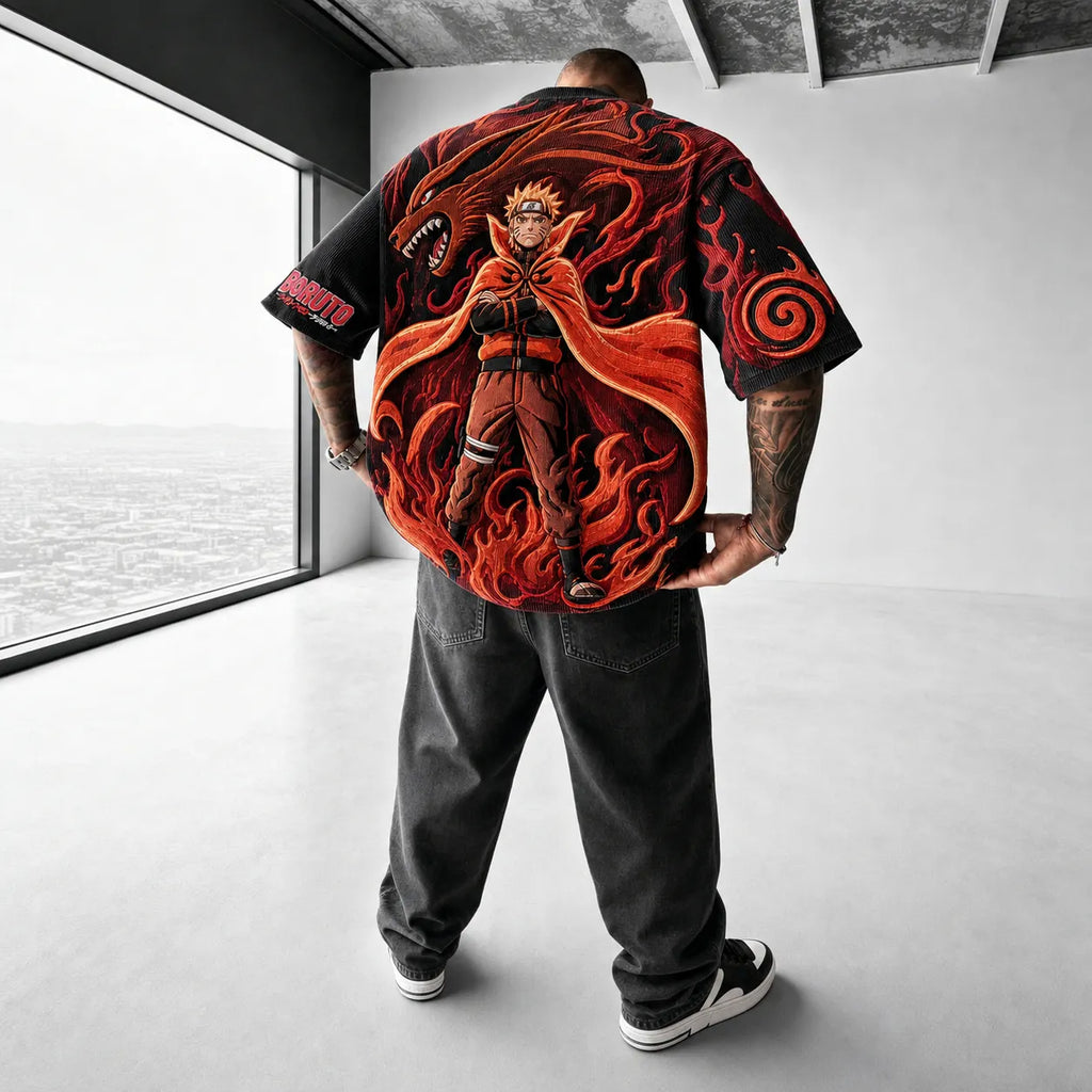 Naruto Unisex Oversized Anime-Print Vertical-Stripe Short-Sleeve T-Shirt