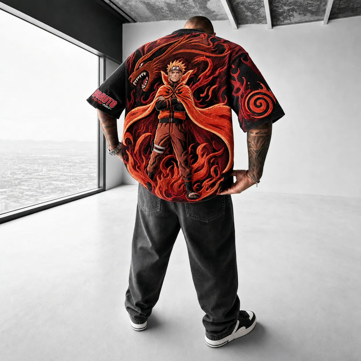 Naruto Unisex Oversized Anime-Print Vertical-Stripe Short-Sleeve T-Shirt