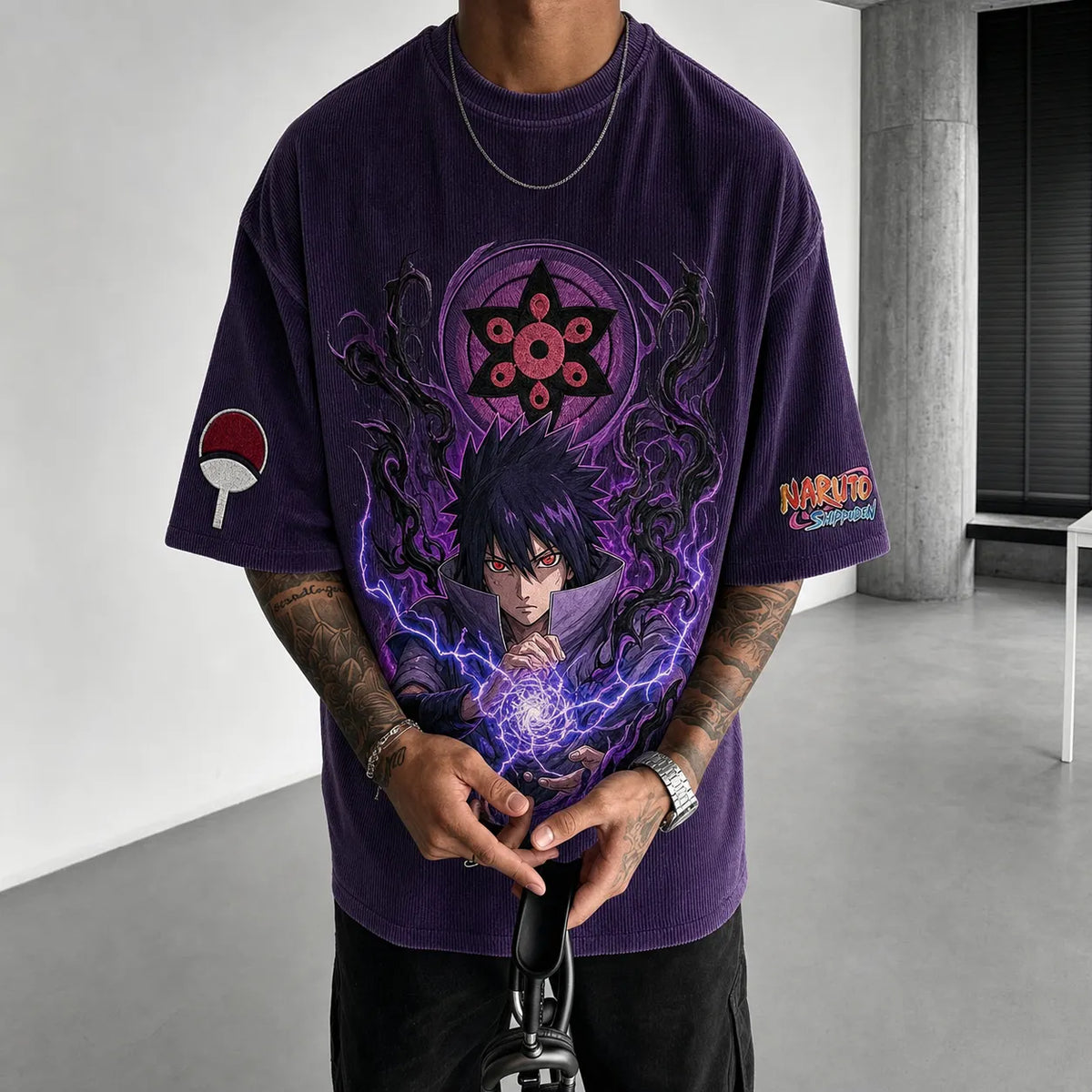 Naruto Unisex Oversized Anime-Print Vertical-Stripe Short-Sleeve T-Shirt