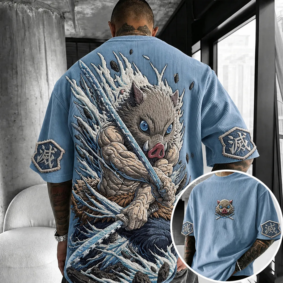 Demon Slayer Unisex Anime-Style Retro Corduroy Oversized T-Shirt