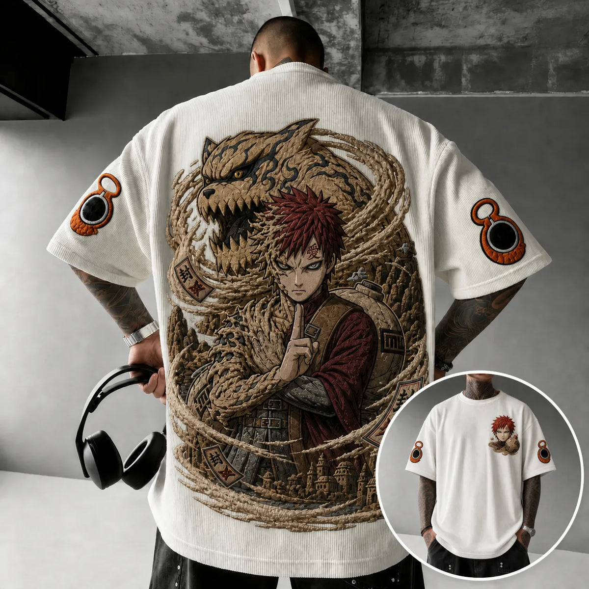 Naruto Unisex Oversized Anime-Print Vertical-Stripe Short-Sleeve T-Shirt