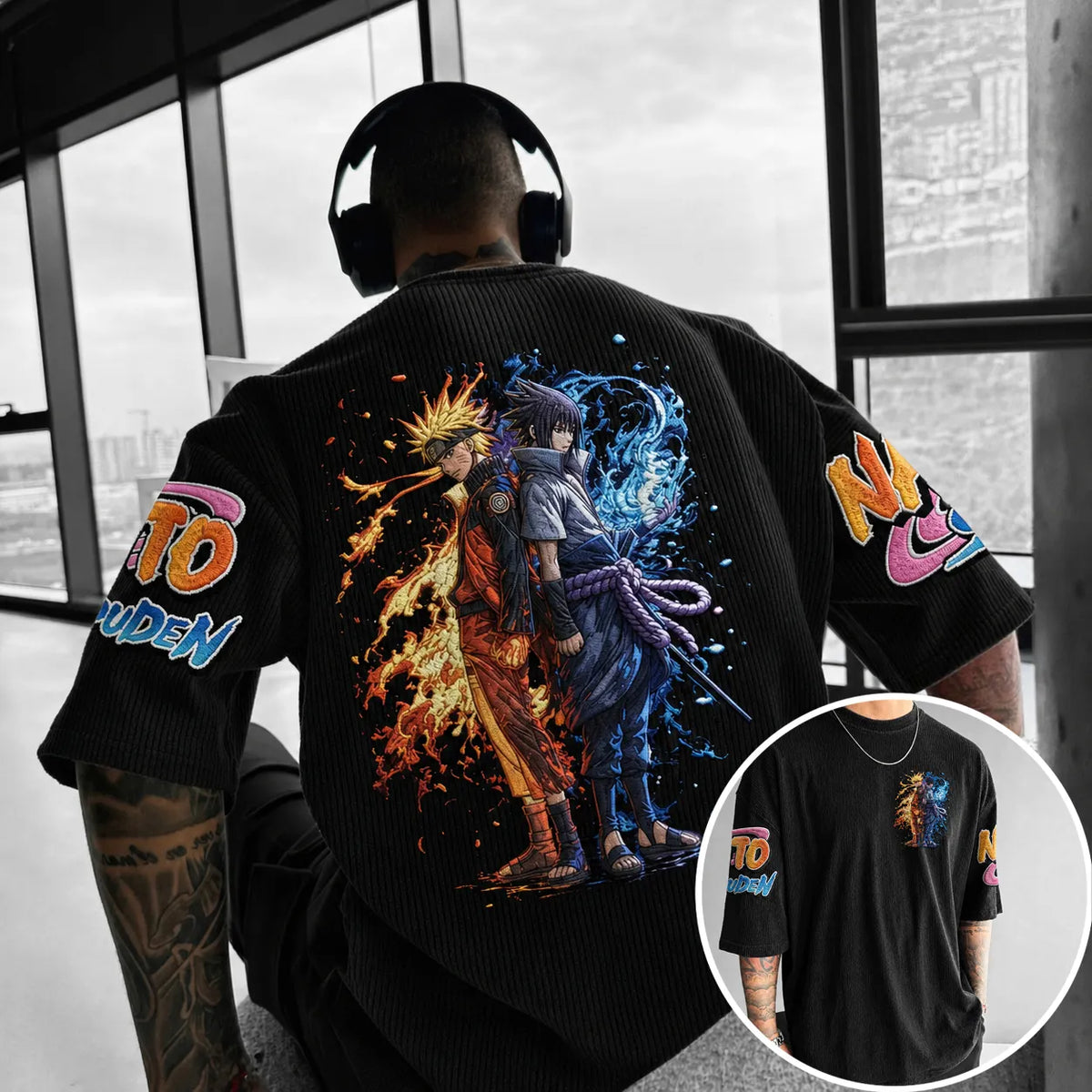Naruto Unisex Anime-Style Retro Corduroy Oversized T-Shirt