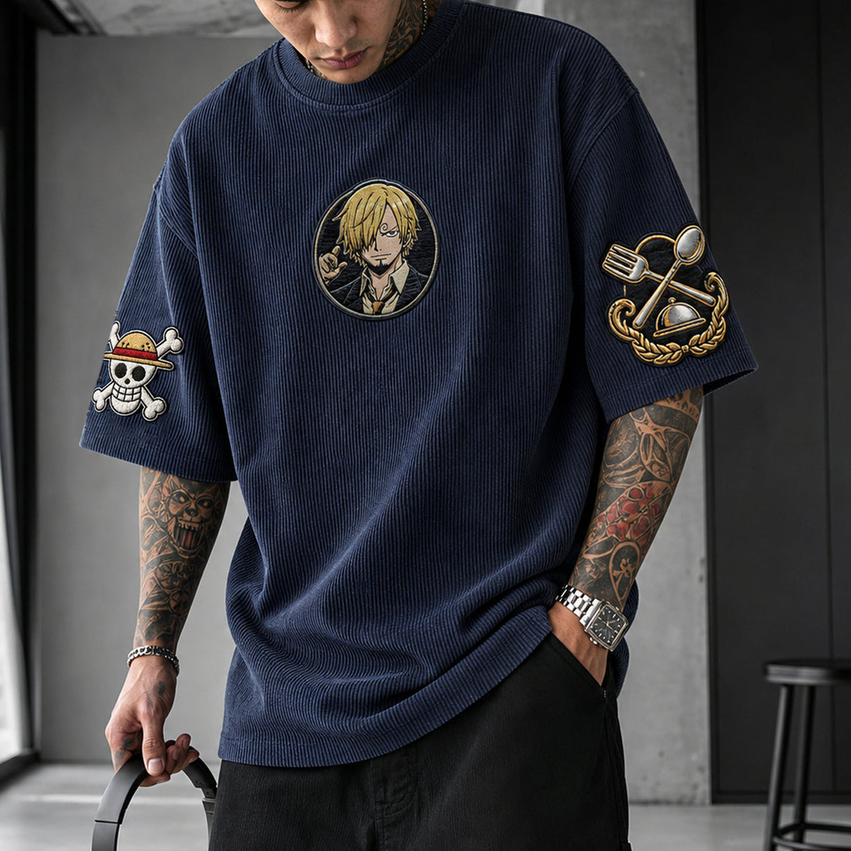 One Piece Unisex Anime-Style Retro Corduroy Oversized T-Shirt