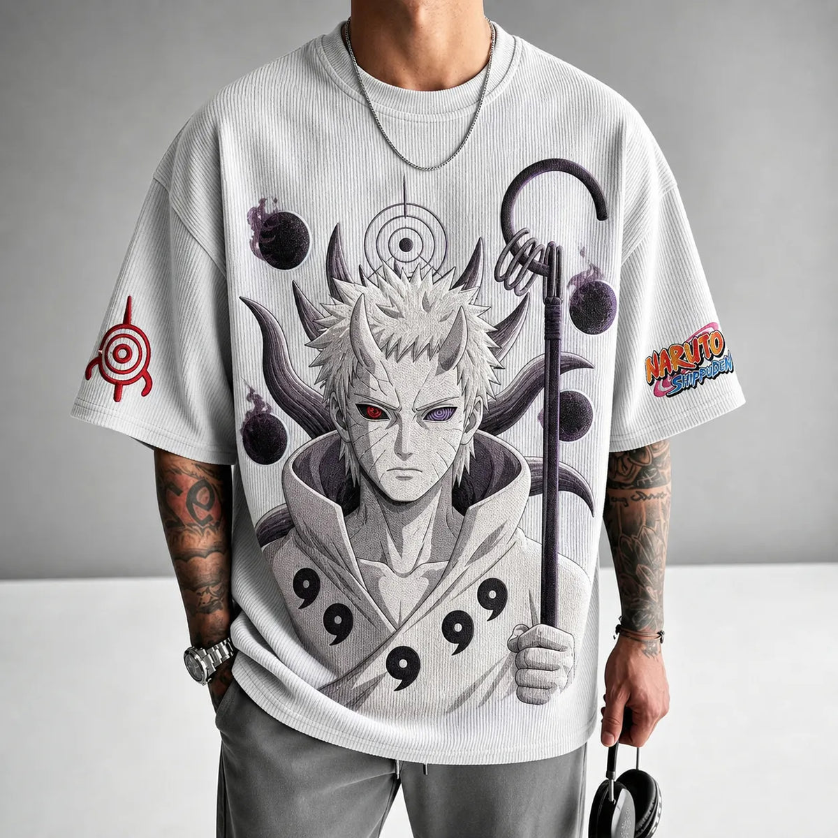 Naruto Unisex Oversized Anime-Print Vertical-Stripe Short-Sleeve T-Shirt