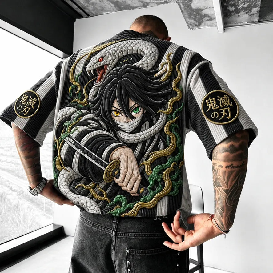 Demon Slayer Unisex Oversized Anime-Print Vertical-Stripe Short-Sleeve T-Shirt