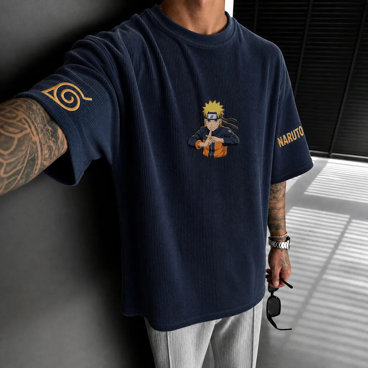 Naruto Unisex Anime-Style Retro Corduroy Oversized T-Shirt