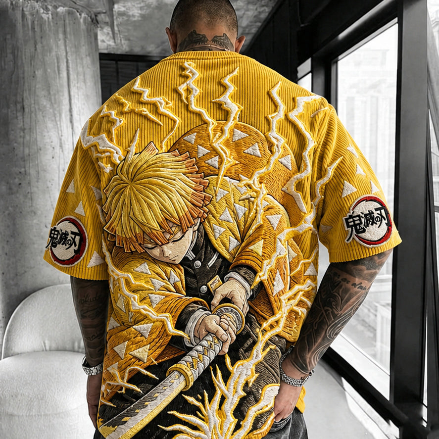 Demon Slayer Unisex Oversized Anime-Print Vertical-Stripe Short-Sleeve T-Shirt