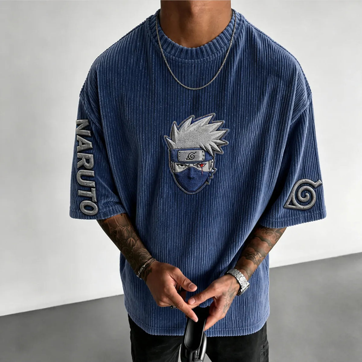 Naruto Unisex Anime-Style Retro Corduroy Oversized T-Shirt
