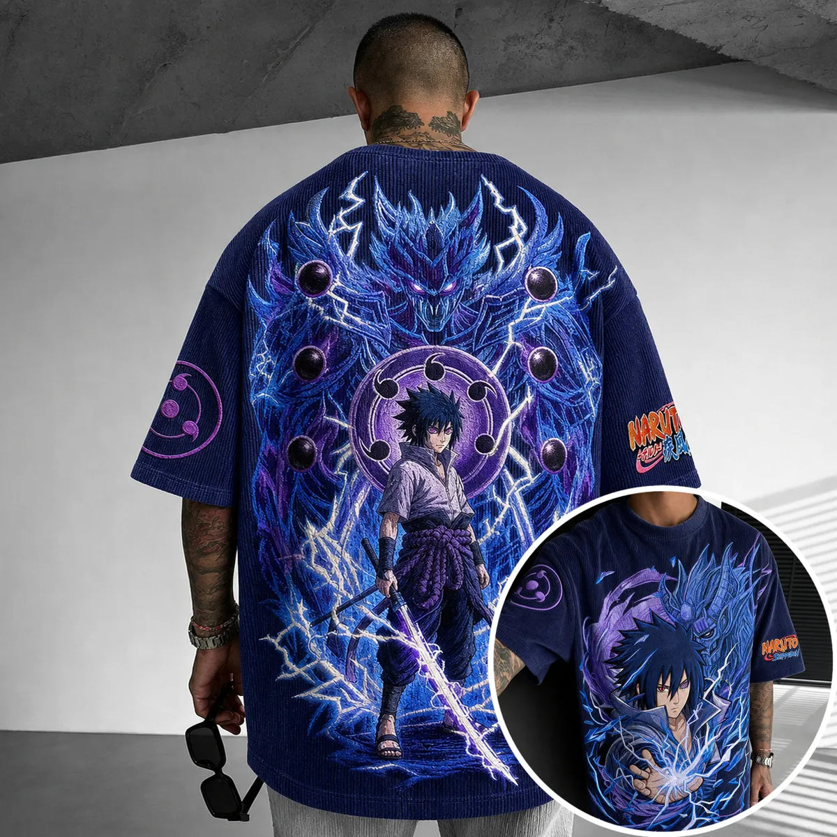 Naruto Unisex Oversized Anime-Print Vertical-Stripe Short-Sleeve T-Shirt