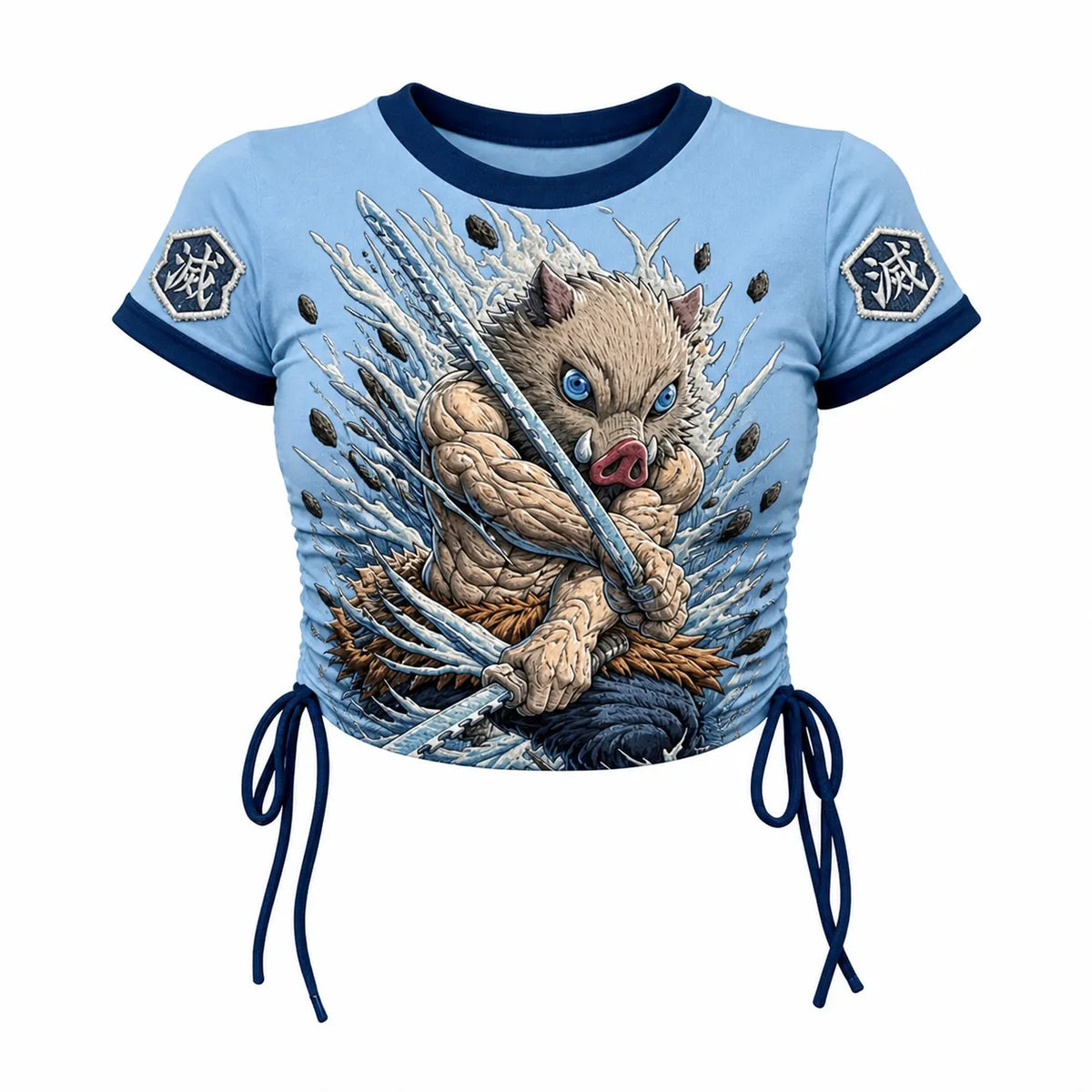 Demon Slayer Women's Slim-Fit Short-Sleeve T-Shirt With Anime Print And Side Drawstrings