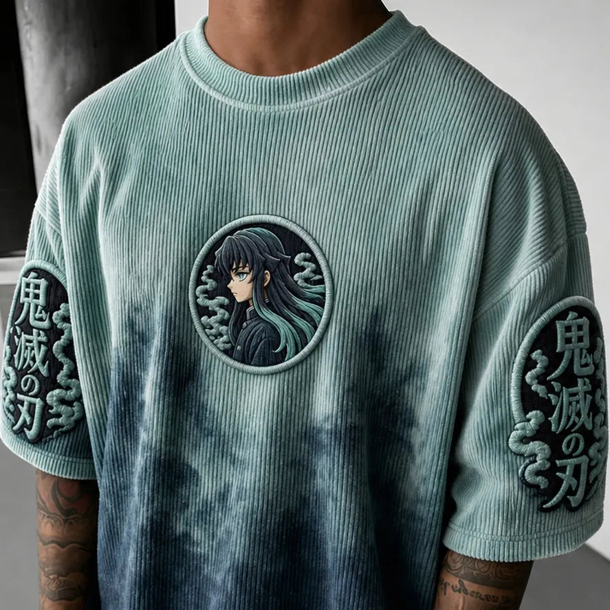 Demon Slayer Unisex Oversized Anime-Print Vertical-Stripe Short-Sleeve T-Shirt