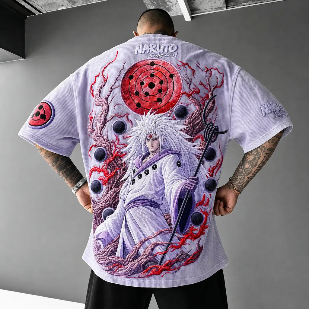 Naruto Unisex Oversized Anime-Print Vertical-Stripe Short-Sleeve T-Shirt