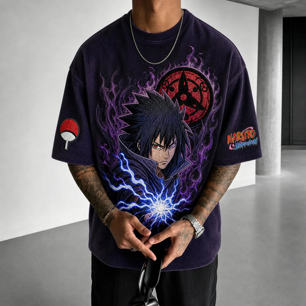 Naruto Unisex Oversized Anime-Print Vertical-Stripe Short-Sleeve T-Shirt