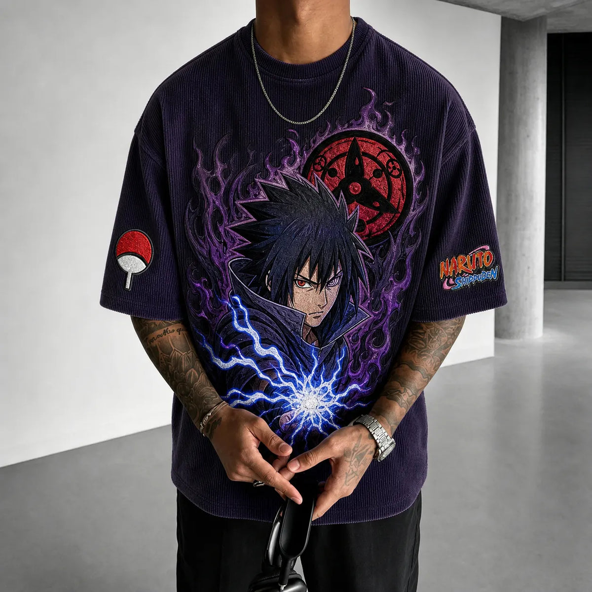 Naruto Unisex Oversized Anime-Print Vertical-Stripe Short-Sleeve T-Shirt