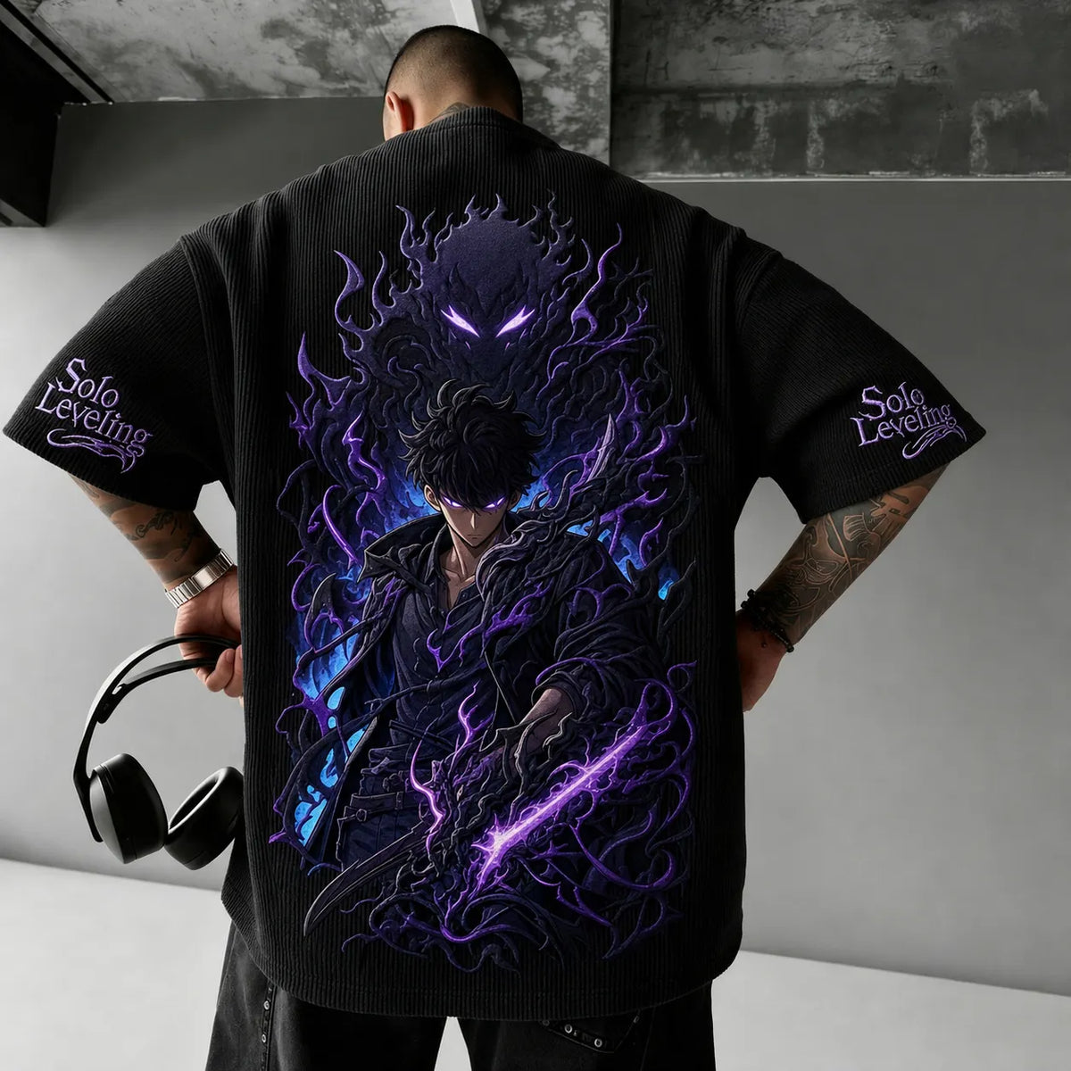 Solo Leveling Unisex Oversized Anime-Print Vertical-Stripe Short-Sleeve T-Shirt