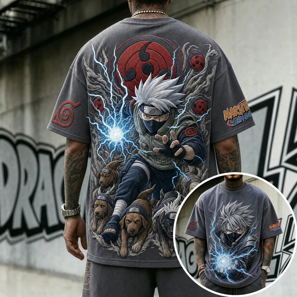 Naruto Unisex Oversized Anime-Print Vertical-Stripe Short-Sleeve T-Shirt