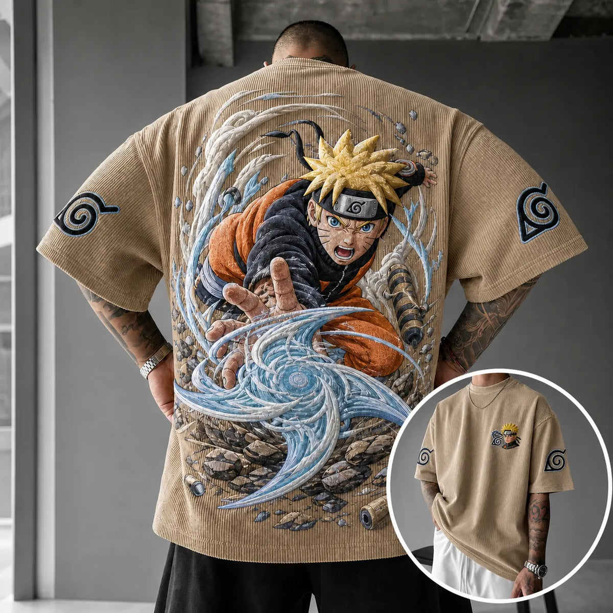 Naruto Unisex Oversized Anime-Print Vertical-Stripe Short-Sleeve T-Shirt