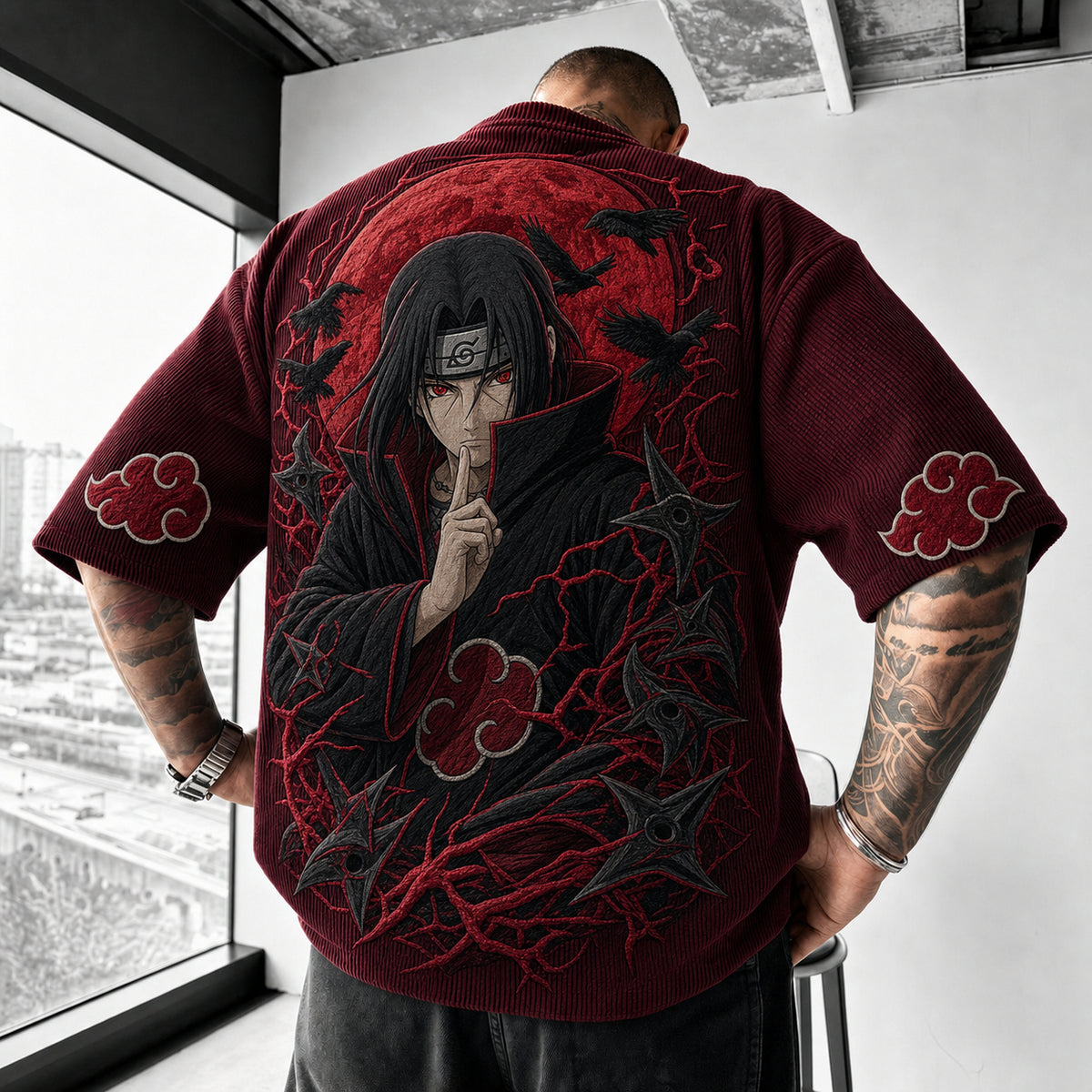 Naruto Unisex Oversized Anime-Print Vertical-Stripe Short-Sleeve T-Shirt