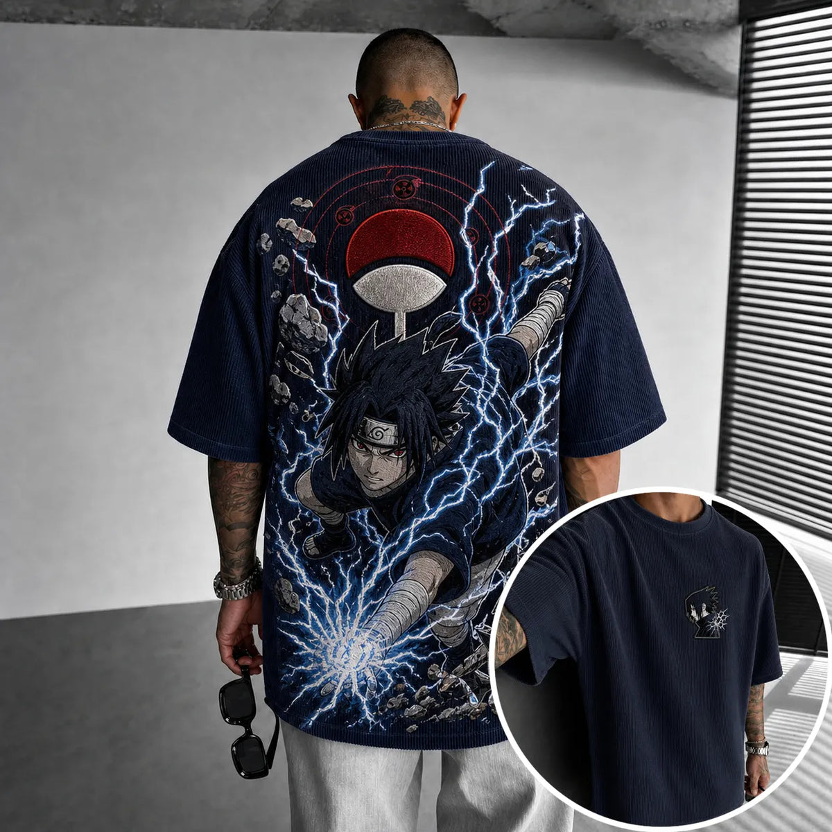 Naruto Unisex Oversized Anime-Print Vertical-Stripe Short-Sleeve T-Shirt