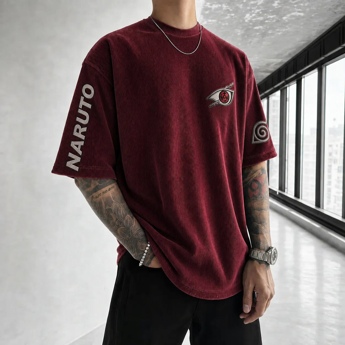 Naruto Unisex Anime-Style Retro Corduroy Oversized T-Shirt