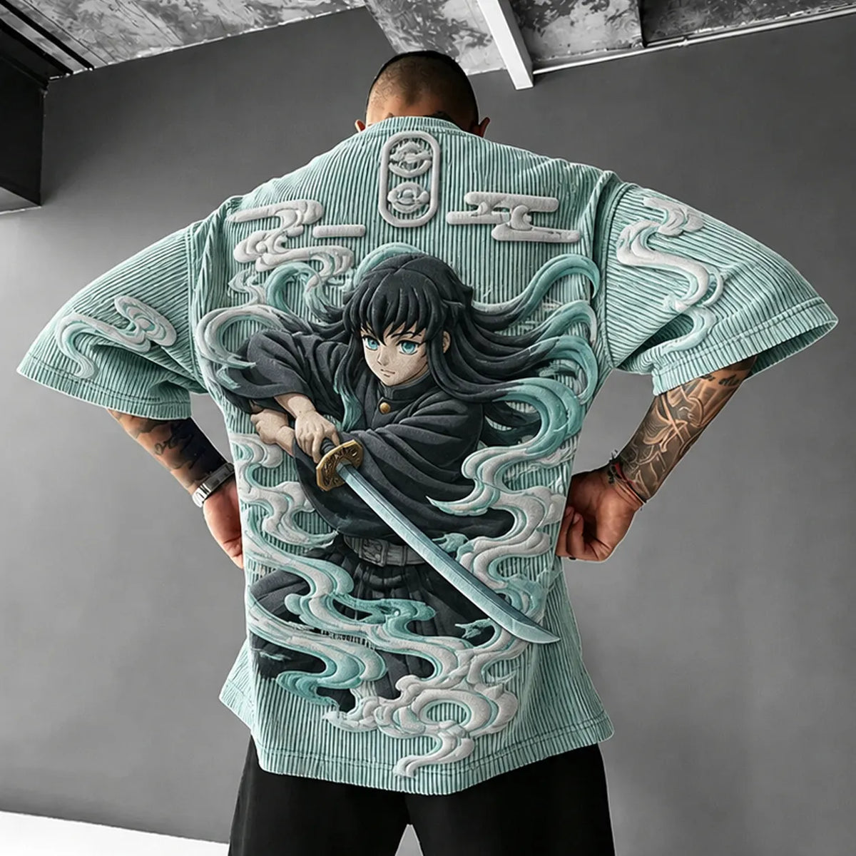 Demon Slayer Unisex Anime-Style Retro Corduroy Oversized T-Shirt