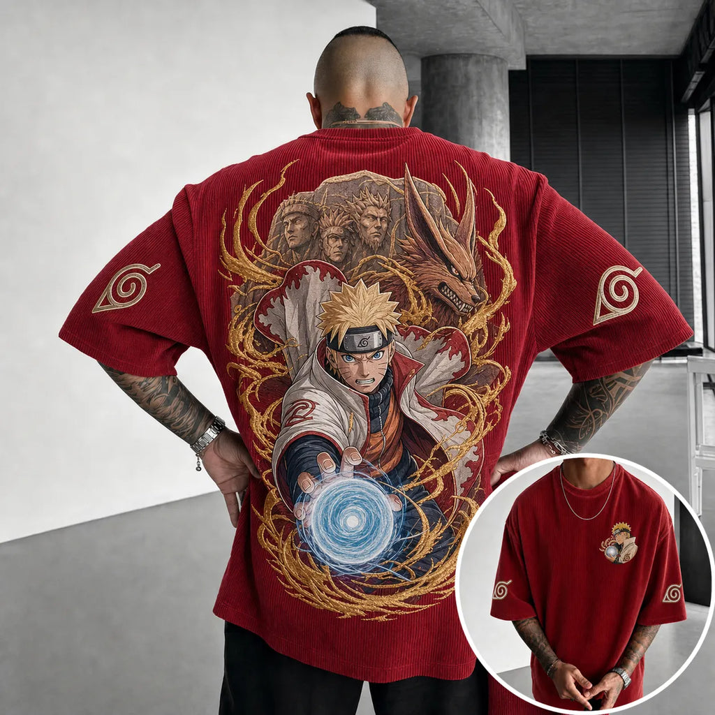 Naruto Unisex Oversized Anime-Print Vertical-Stripe Short-Sleeve T-Shirt
