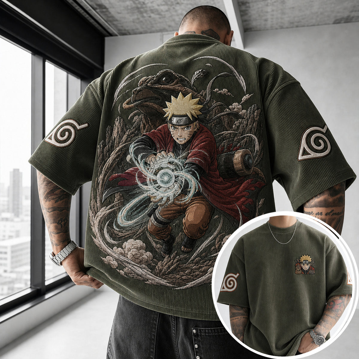 Naruto Unisex Oversized Anime-Print Vertical-Stripe Short-Sleeve T-Shirt