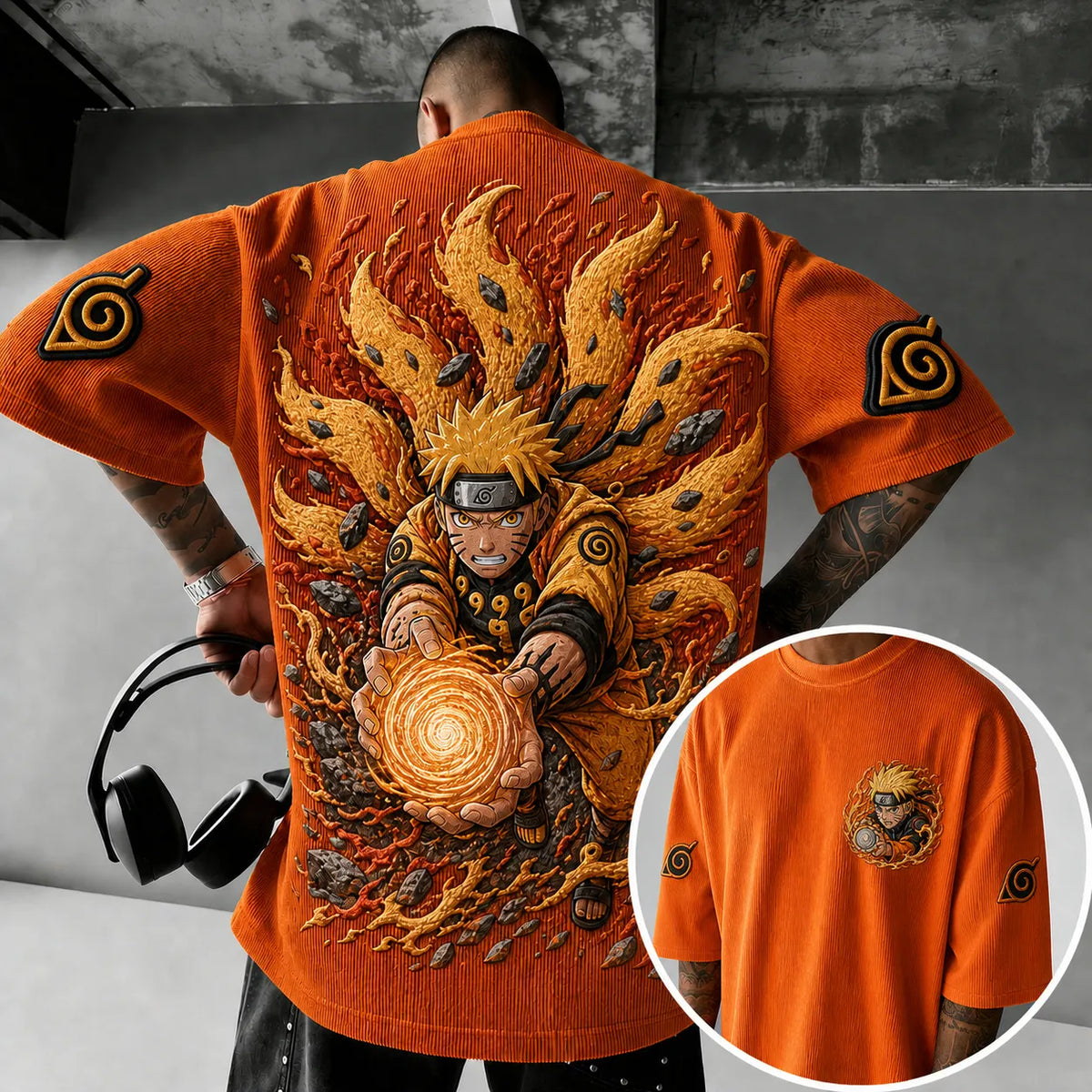 Naruto Unisex Oversized Anime-Print Vertical-Stripe Short-Sleeve T-Shirt