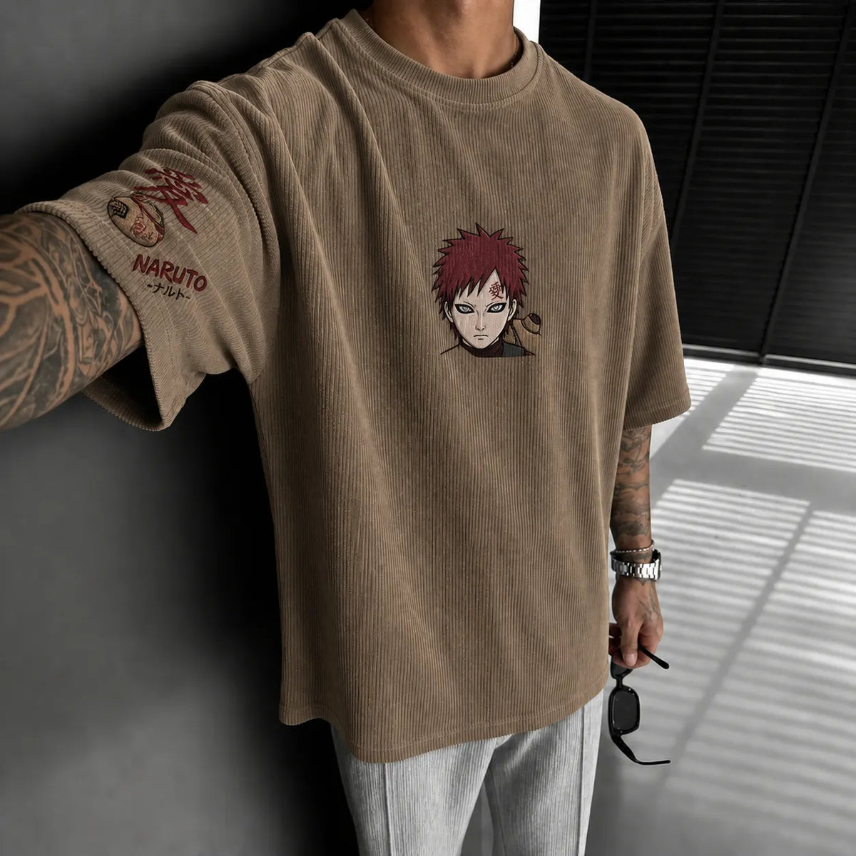 Naruto Unisex Anime-Style Retro Corduroy Oversized T-Shirt