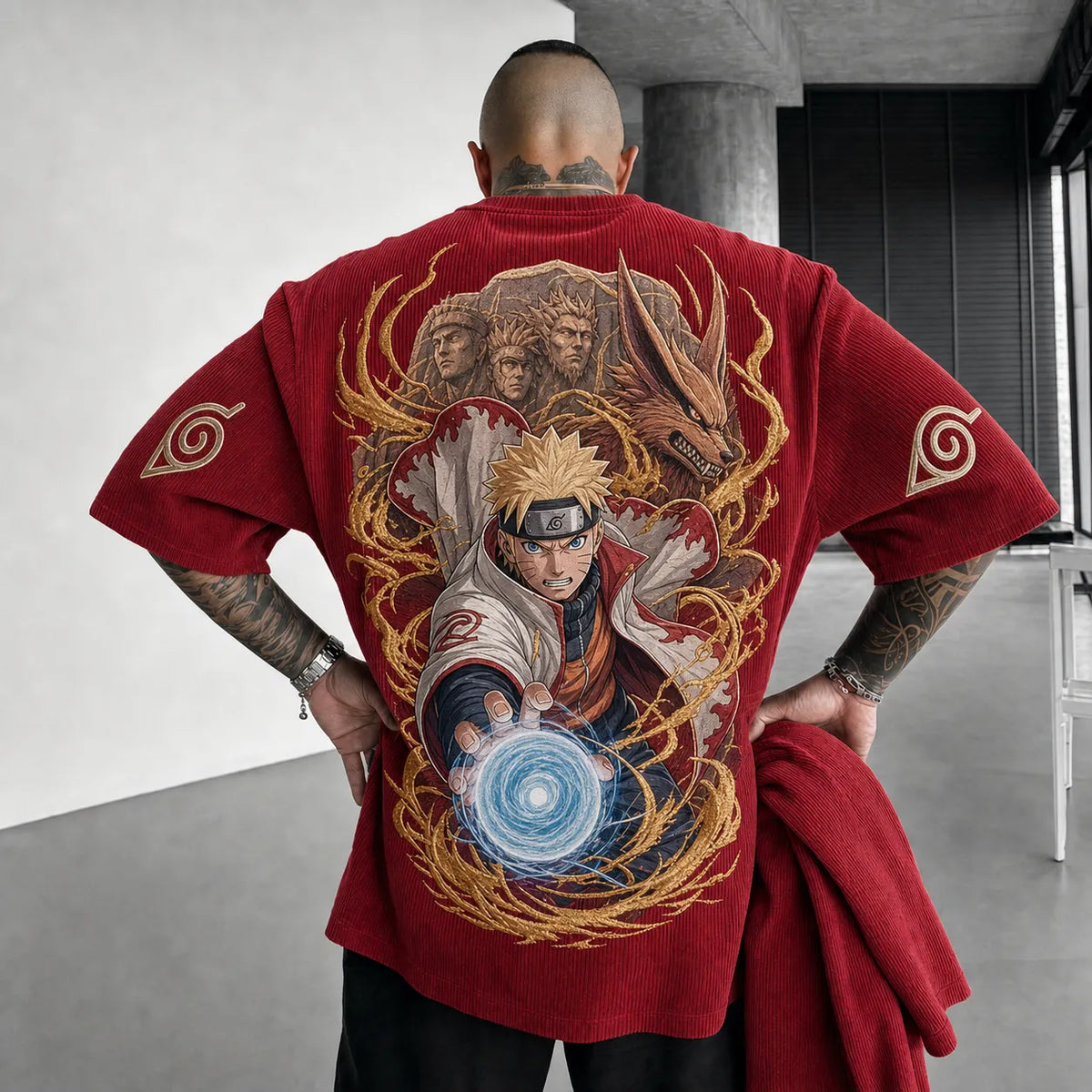 Naruto Unisex Oversized Anime-Print Vertical-Stripe Short-Sleeve T-Shirt