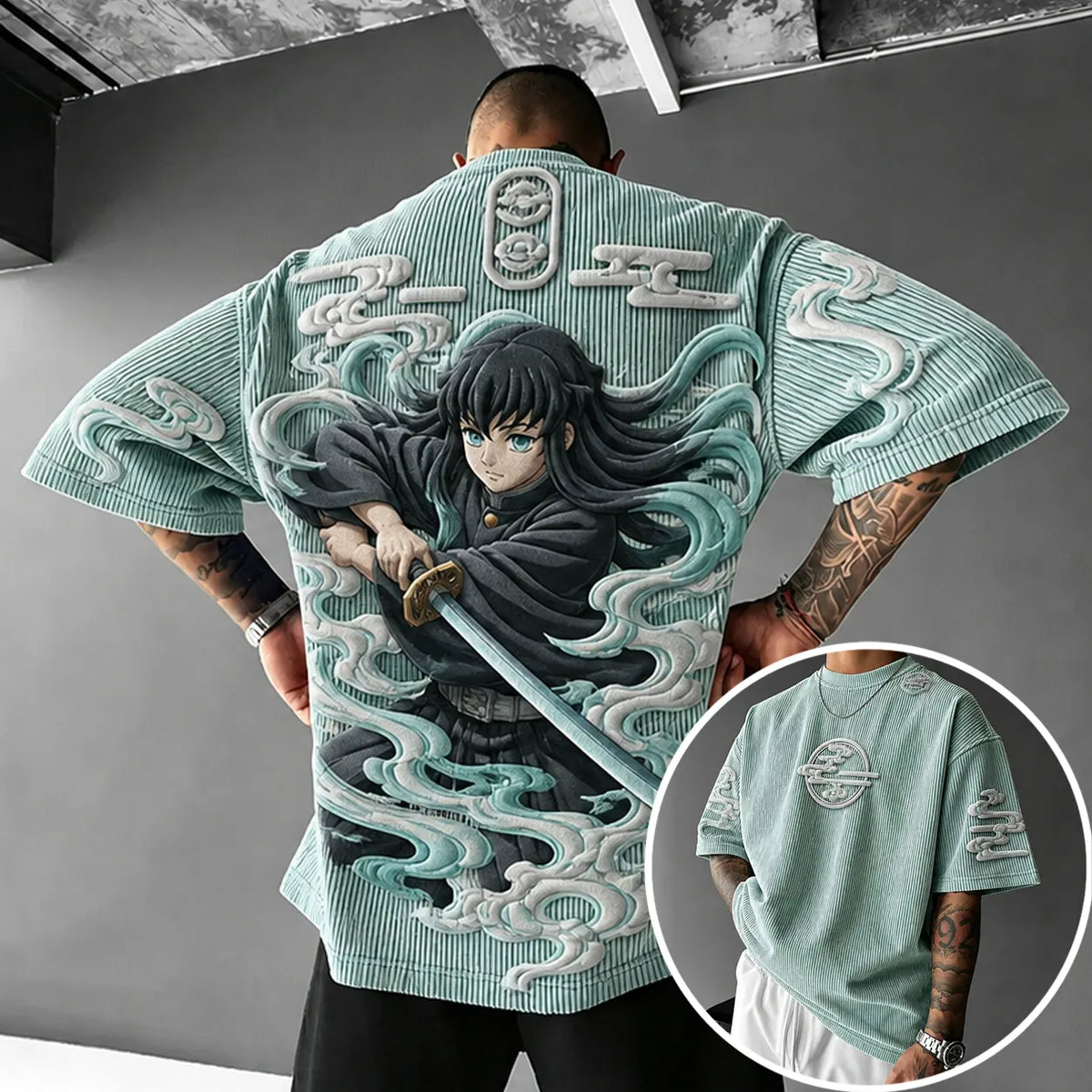 Demon Slayer Unisex Anime-Style Retro Corduroy Oversized T-Shirt