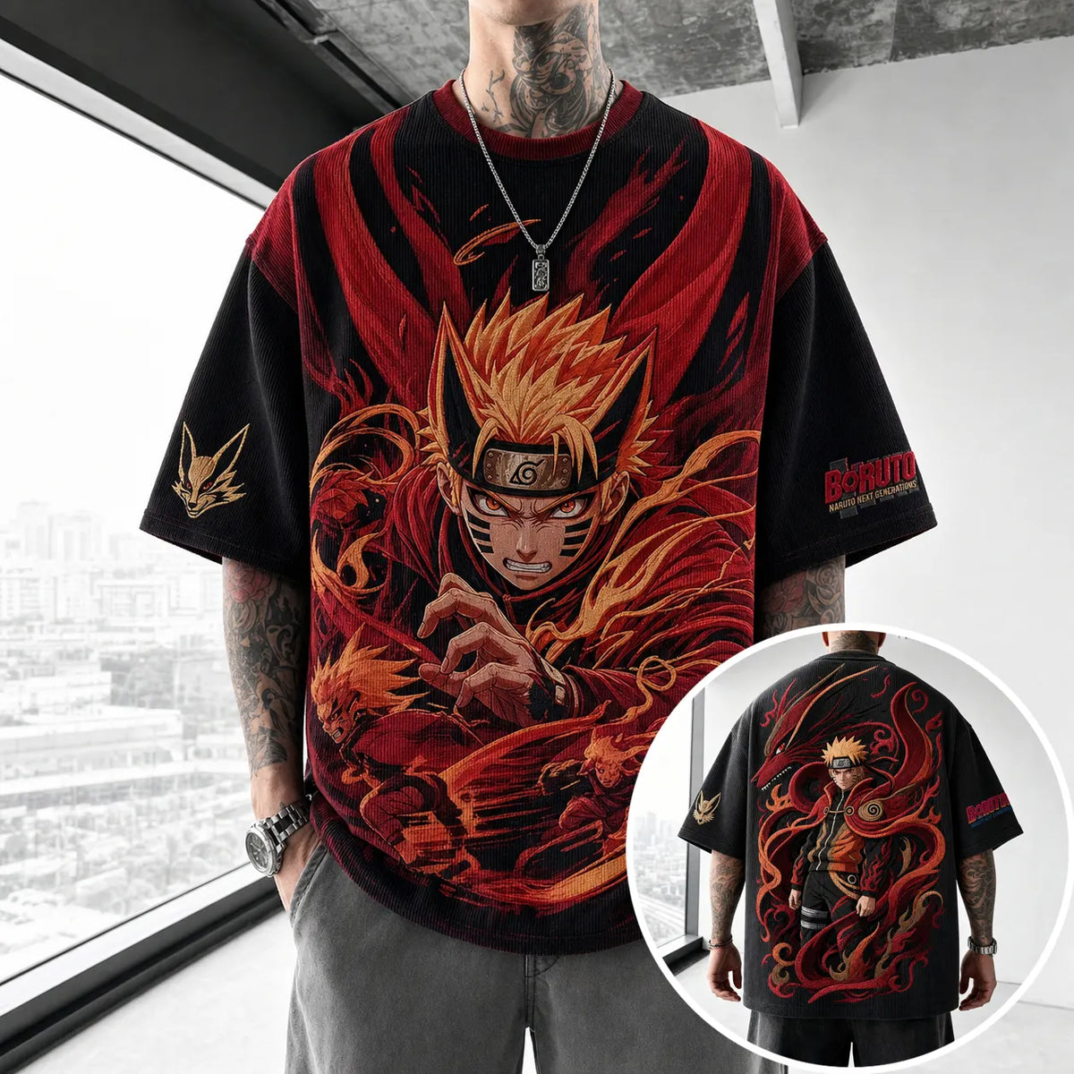Naruto Unisex Oversized Anime-Print Vertical-Stripe Short-Sleeve T-Shirt