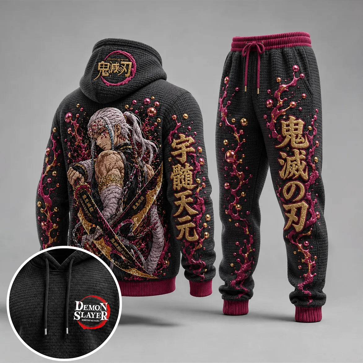 Demon Slayer Vintage Anime Print Long Sleeve Drawstring Tracksuit Hoodie Set
