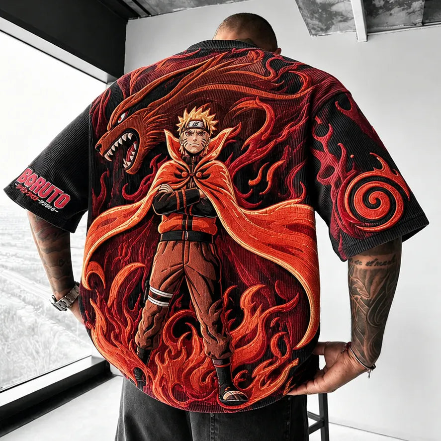 Naruto Unisex Oversized Anime-Print Vertical-Stripe Short-Sleeve T-Shirt