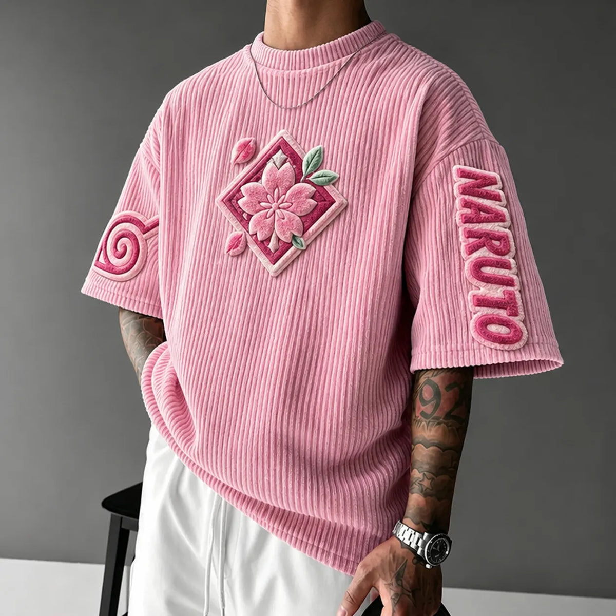 Naruto Unisex Anime-Style Retro Corduroy Oversized T-Shirt