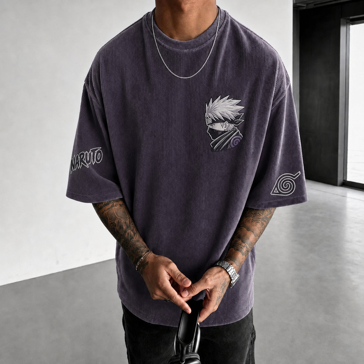 Naruto Unisex Anime-Style Retro Corduroy Oversized T-Shirt