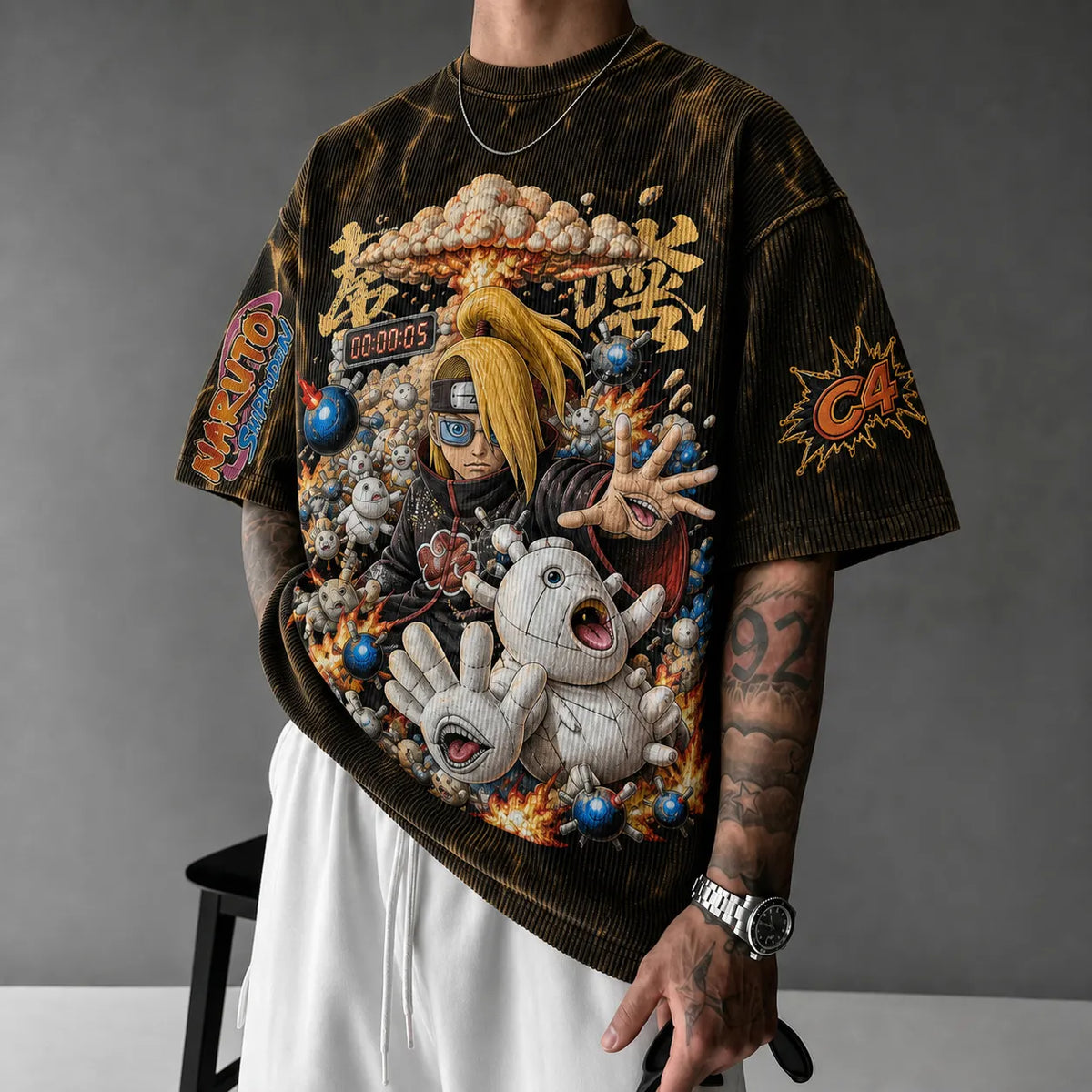 Naruto Unisex Oversized Anime-Print Vertical-Stripe Short-Sleeve T-Shirt