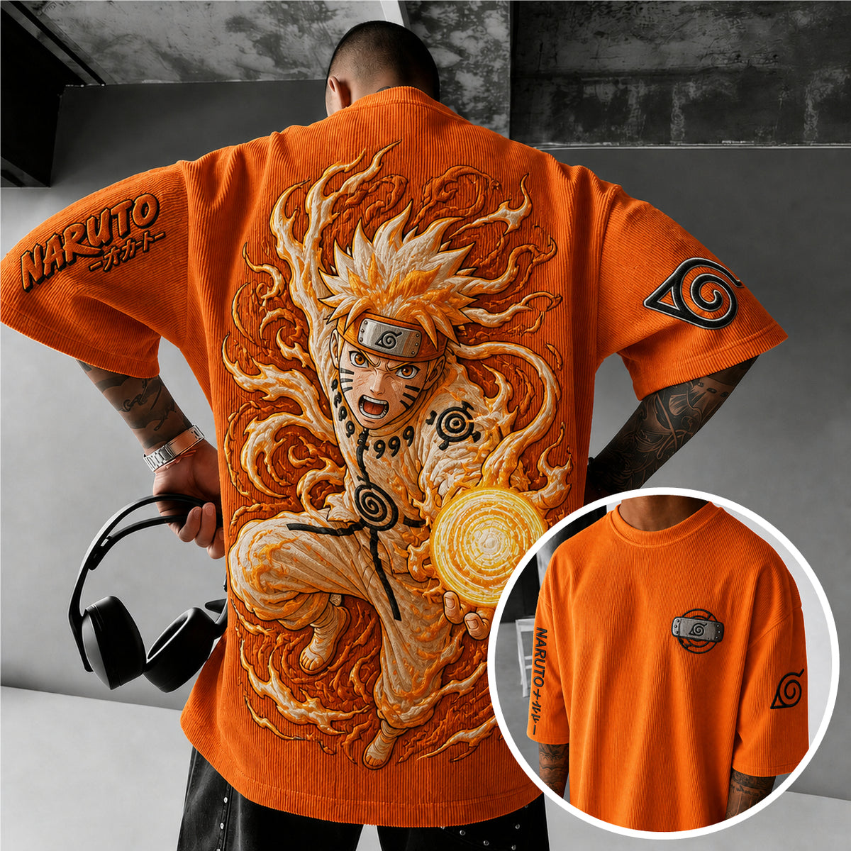 Naruto Unisex Anime-Style Retro Corduroy Oversized T-Shirt