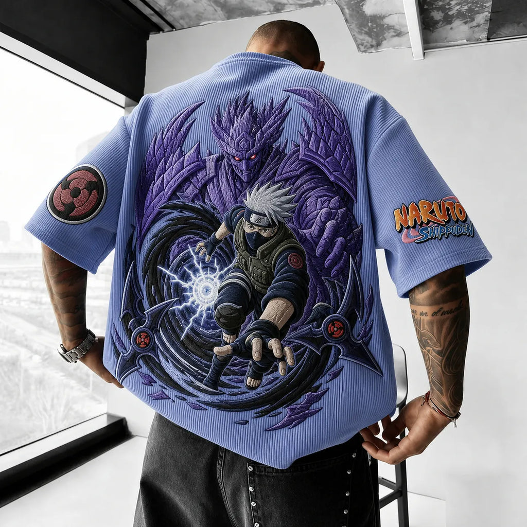 Naruto Unisex Oversized Anime-Print Vertical-Stripe Short-Sleeve T-Shirt