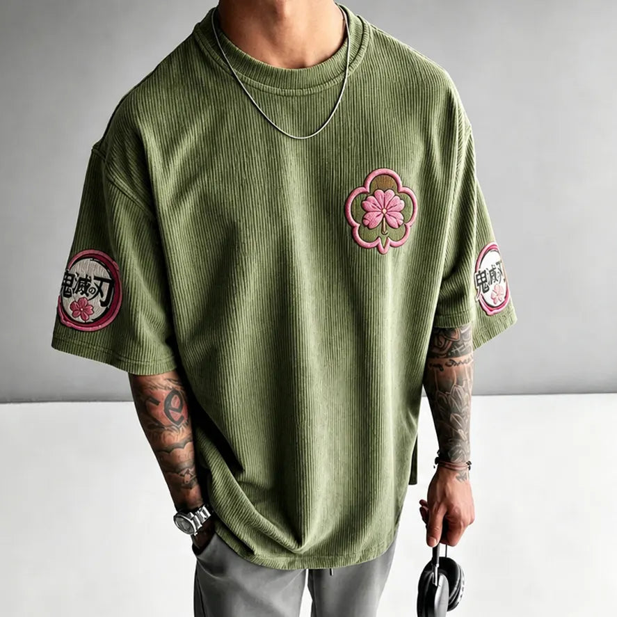 Demon Slayer Unisex Oversized Anime-Print Vertical-Stripe Short-Sleeve T-Shirt